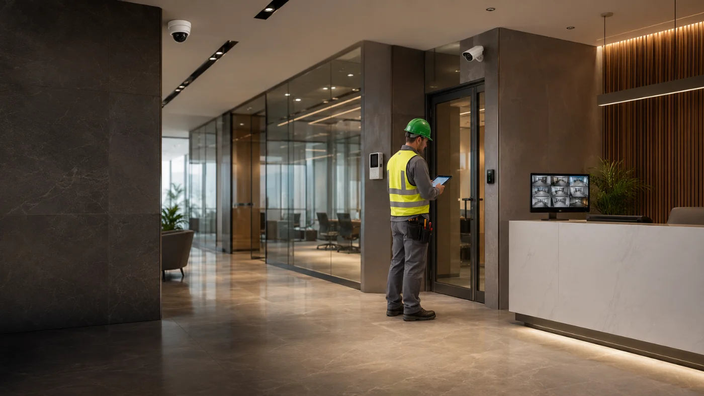 Cámaras y control de acceso en el lobby y recepción de un corporativo, con monitor de videovigilancia