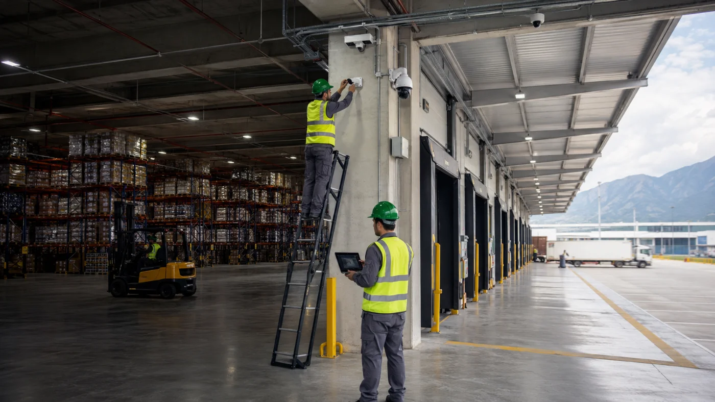 Instalación de cámaras en los andenes de un centro de distribución con almacén y montacargas