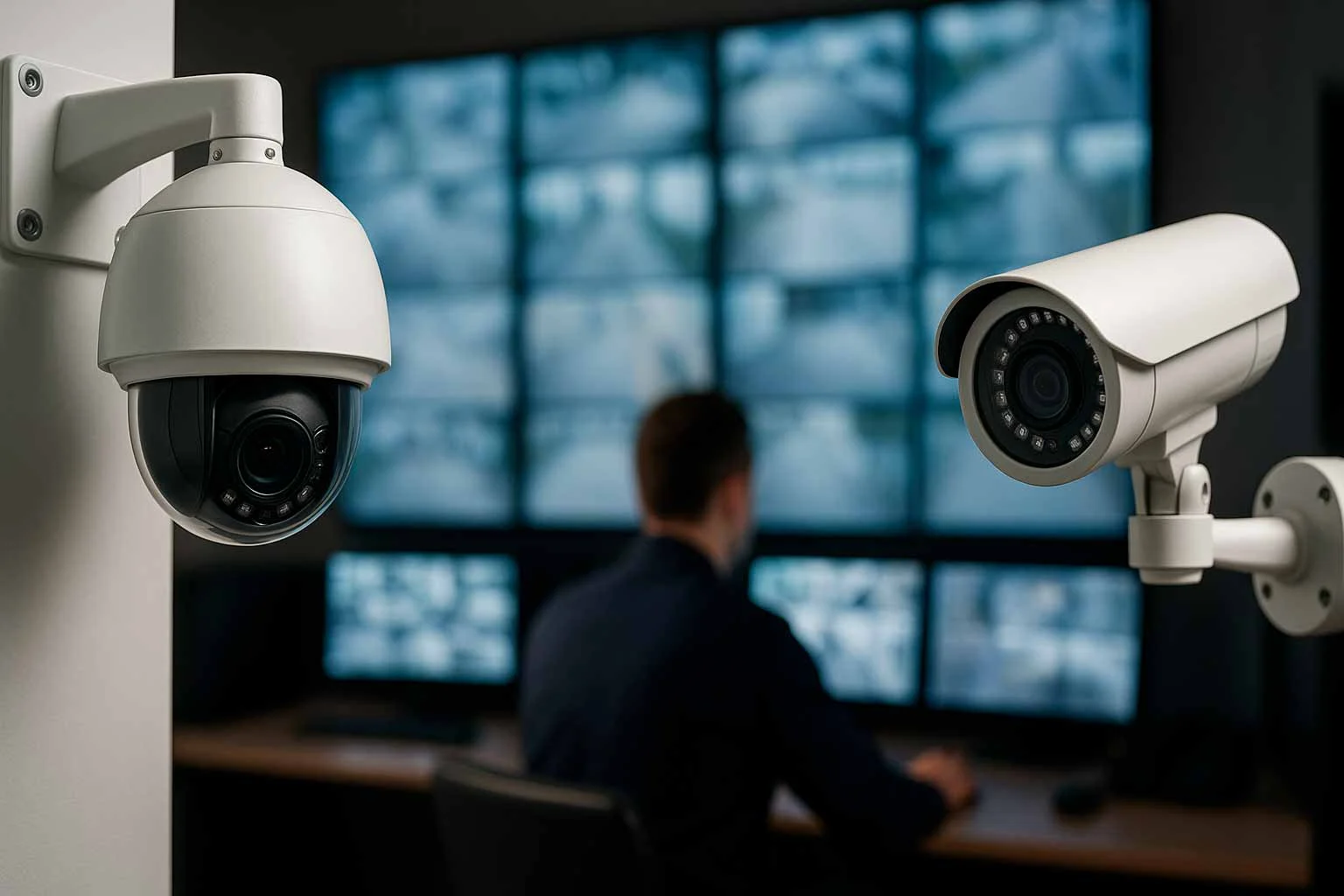 Cámara PTZ y cámara bullet con centro de monitoreo de CCTV al fondo