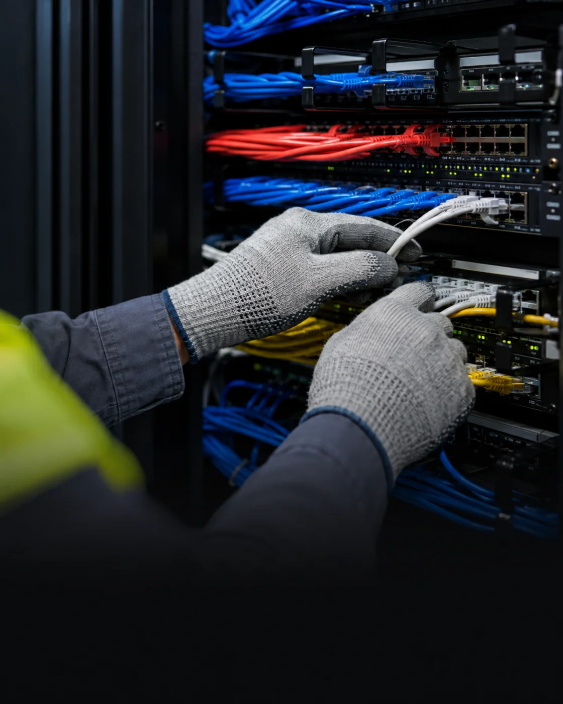 Manos de técnico conectando cables de red en los switches de un rack empresarial