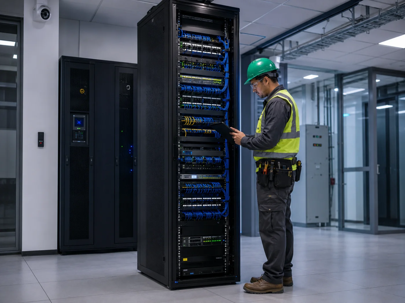 Técnico de Interfaz revisando con una tablet la infraestructura de un rack de red en el site de un cliente