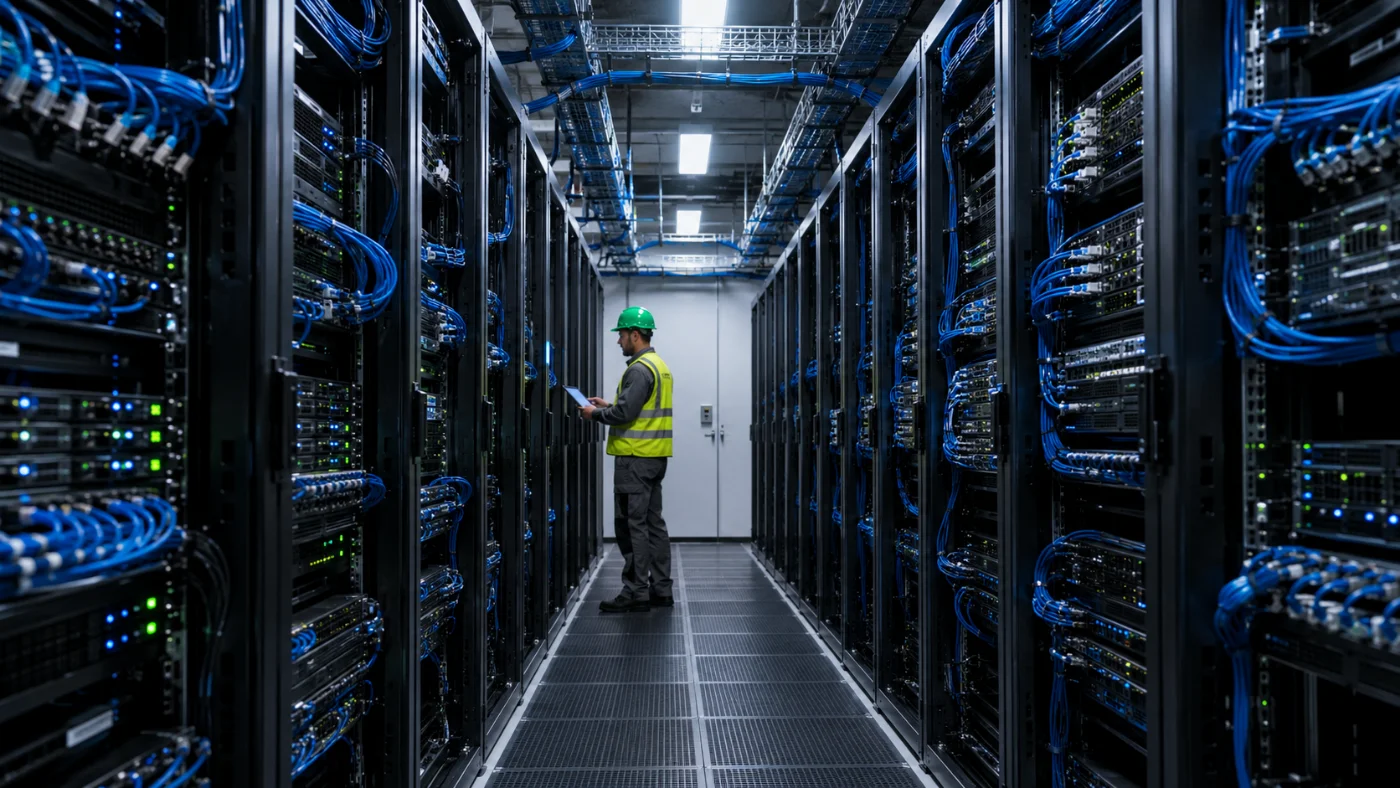 Técnico supervisando el pasillo de un centro de datos con racks de servidores y cableado estructurado