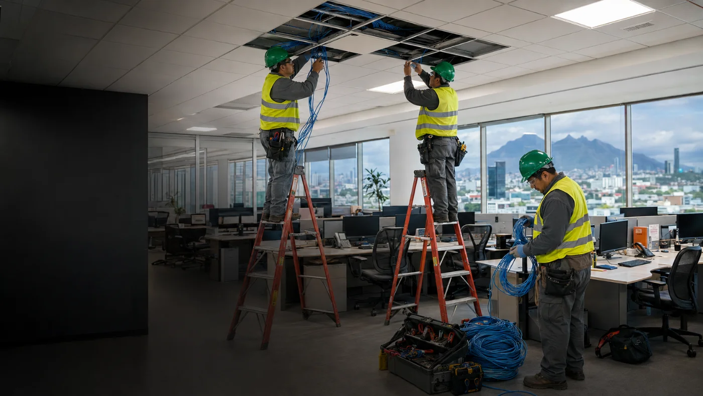 Técnicos de Interfaz instalando cableado estructurado en el plafón de una oficina corporativa en Monterrey