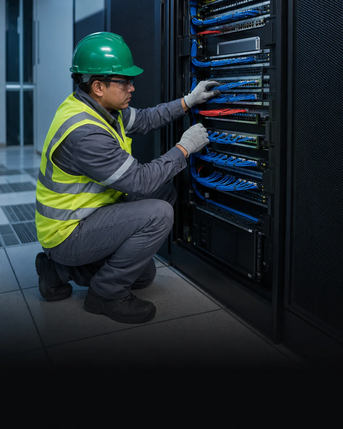 Técnico organizando y conectando el cableado en los patch panels de un rack de telecomunicaciones