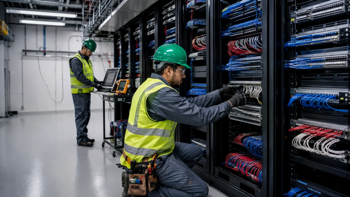 Técnicos de Interfaz trabajando en la infraestructura de racks y switching de un site empresarial